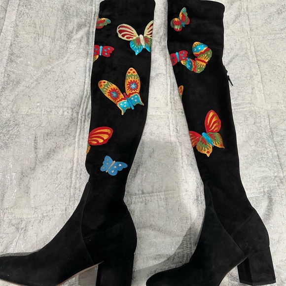 Valentino Black Suede W/Metallic Appliquéd Butterfly Boots IT37.5 - Picture 9 of 10